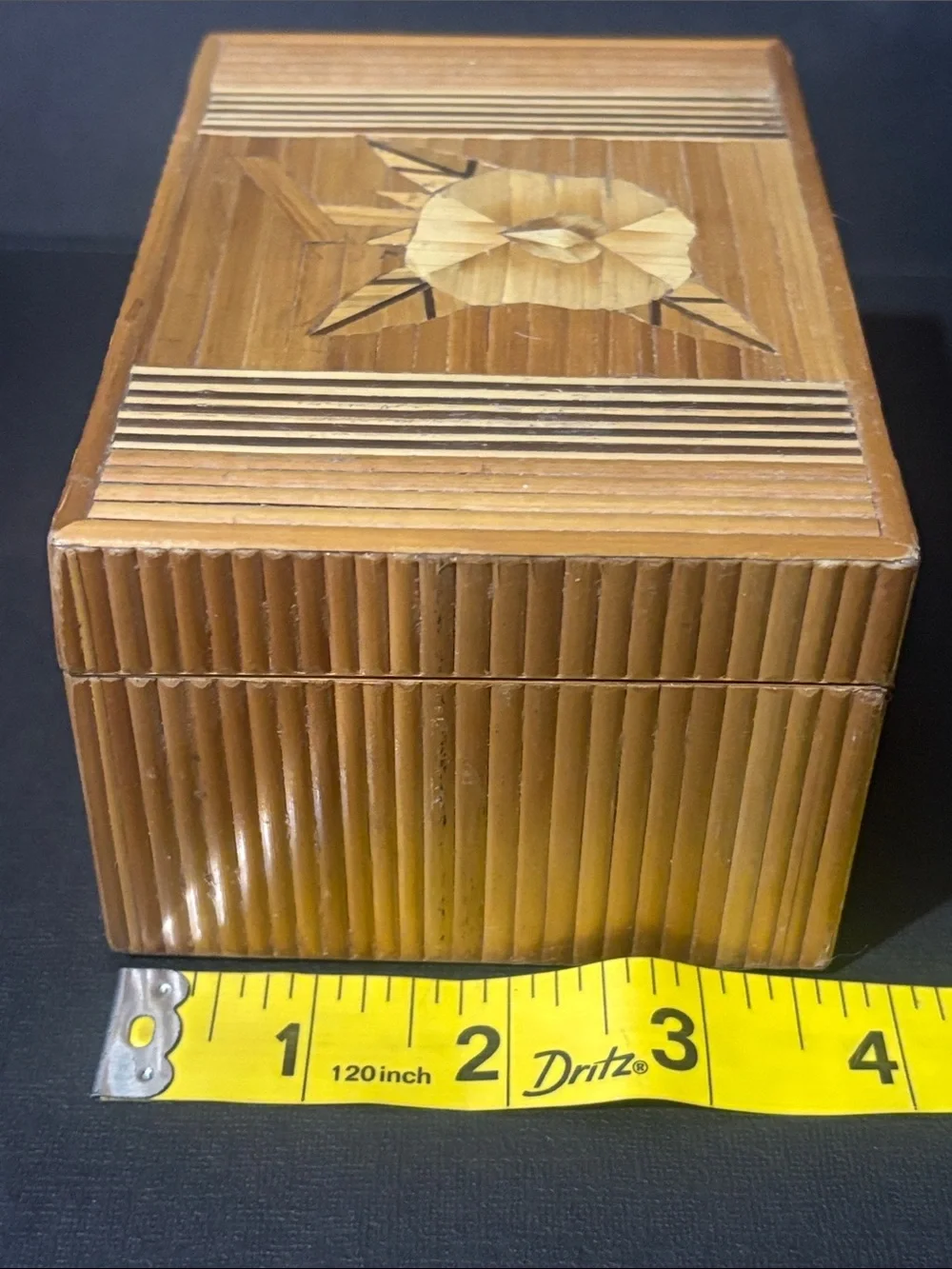 Vintage bamboo floral inlay trinket holder jewelry box velvet lined handmade